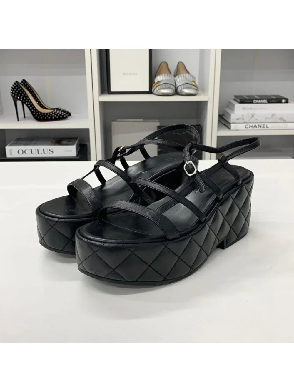 Chanel Quilted CC Logo Leather Strap Platform Sandals Black